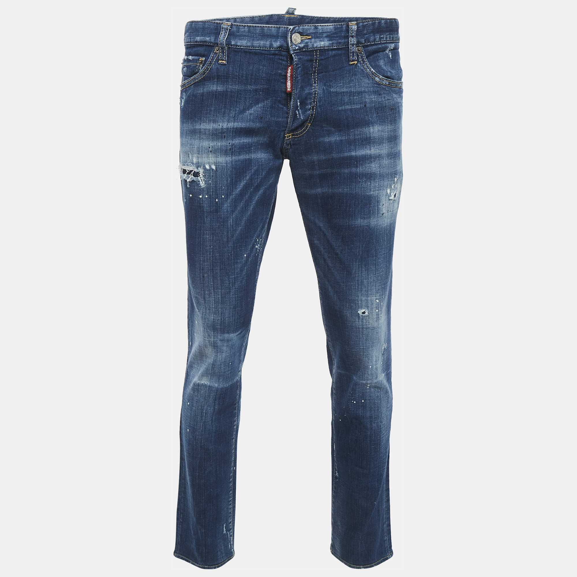 Pre Owned Dsquared2 Blue Distressed Denim Logo Applique Detail Jeans XL Waist 34"