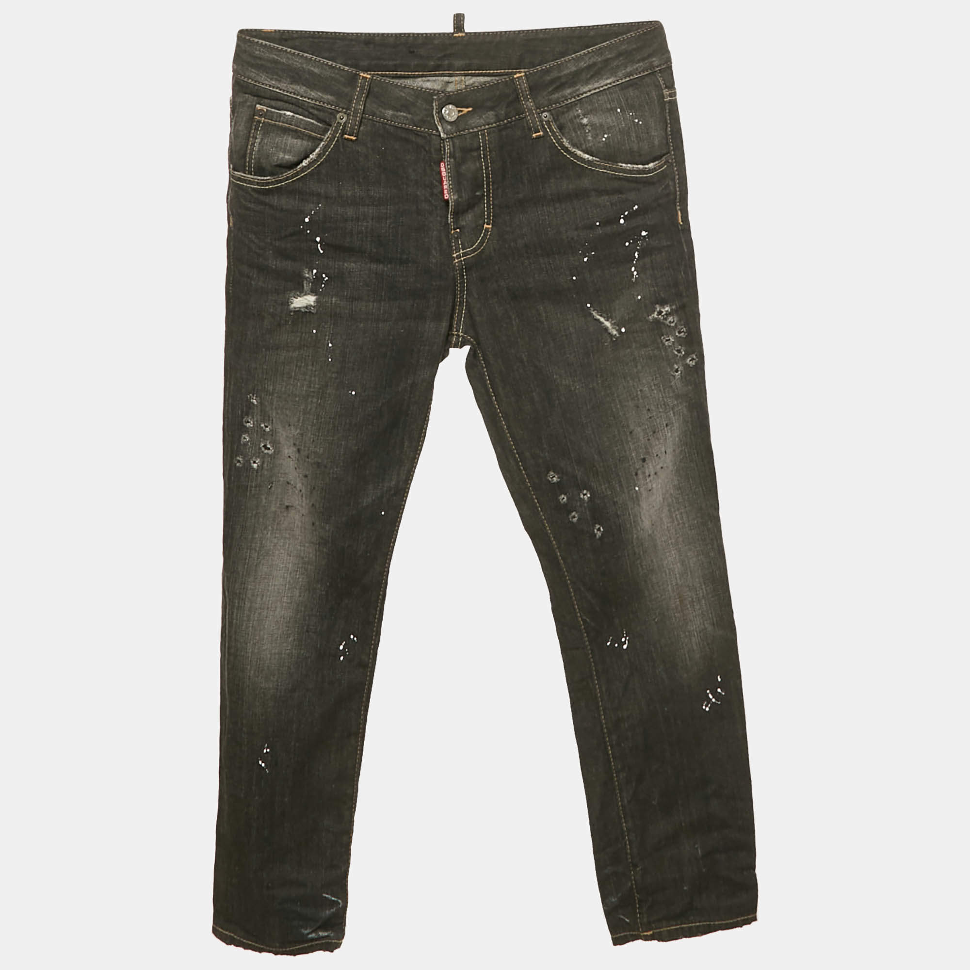 Pre Owned Dsquared2 Black Paint Splash Faded Denim Low Waist Jeans XS Waist 31"