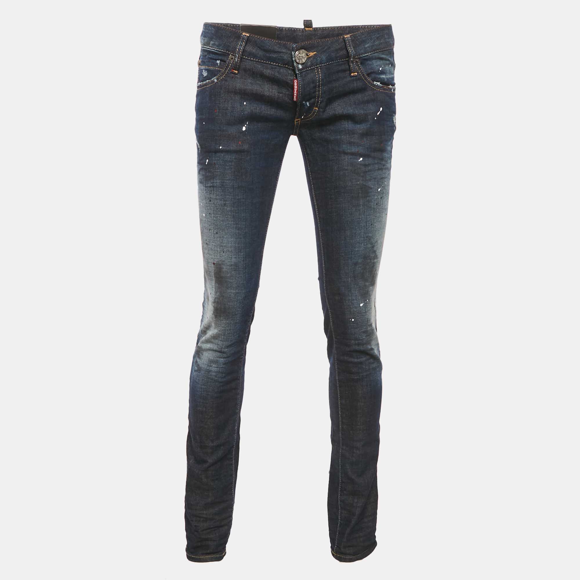 Pre Owned Dsquared2 Blue Dark Wash Denim Paint Splatter Distressed Slim Bottom Jeans S Waist 32 "
