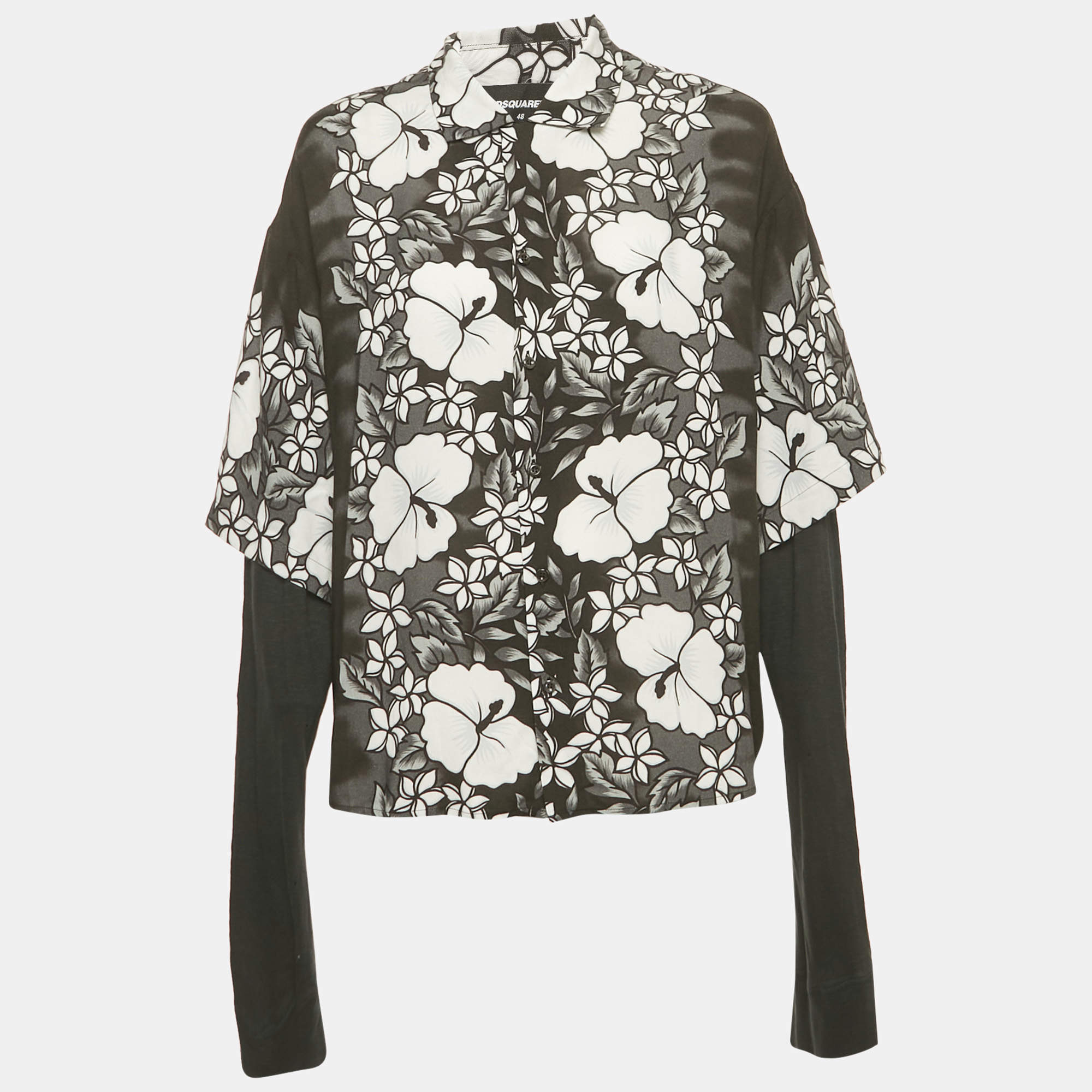 Pre Owned Dsquared2 Black Floral Print layered Blowing Drop Shirt M
