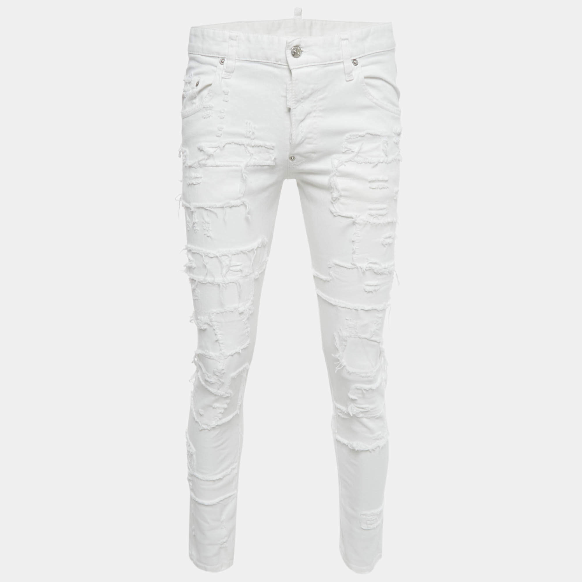 Pre Owned Dsquared2 White Distressed Denim Skater Jeans M Waist 32"