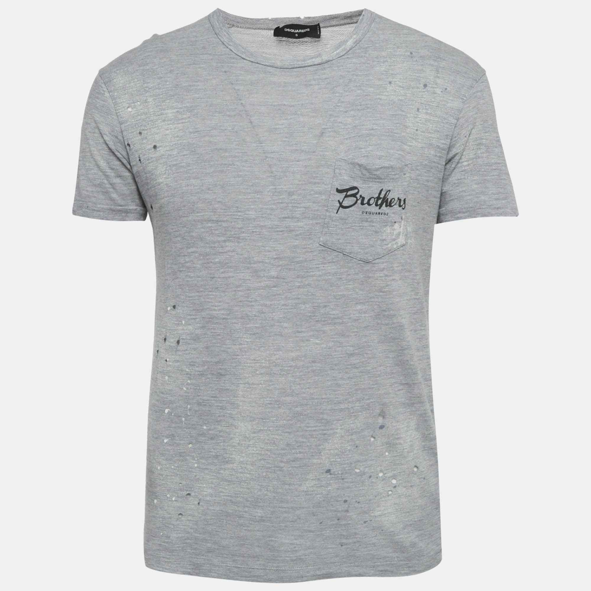 Pre Owned Dsquared2 Grey Printed Cotton Blend Distressed T-Shirt S 