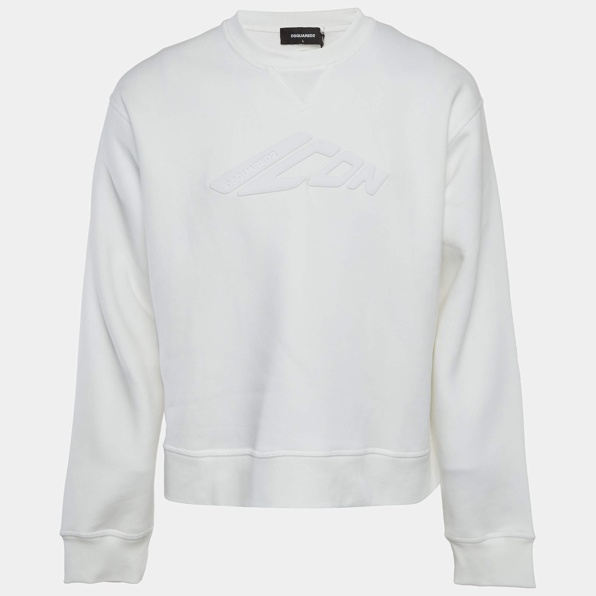 Pre Owned Dsquared2 White Cotton Knit Logo Graphic Crewneck Sweatshirt L
