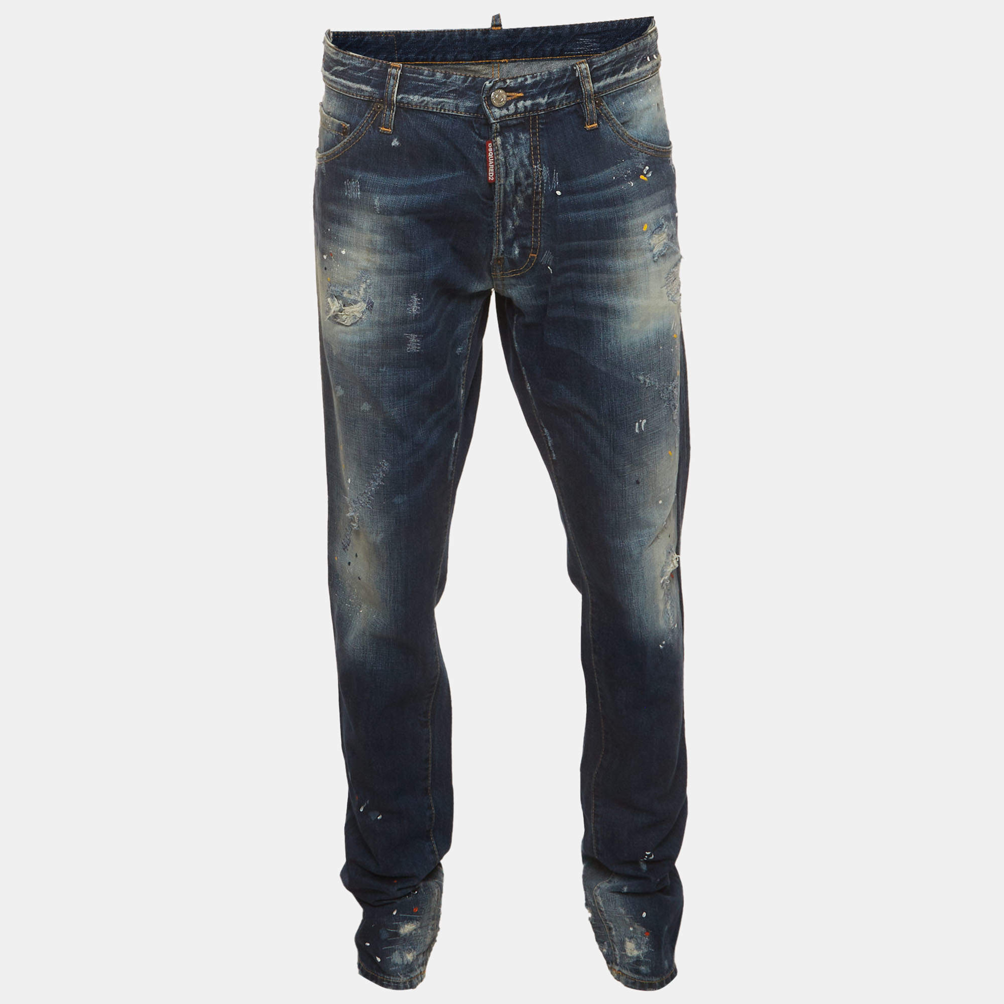 Pre Owned Dsquared2 Blue Paint Splatter Distressed Denim Jeans XL/Waist 38"