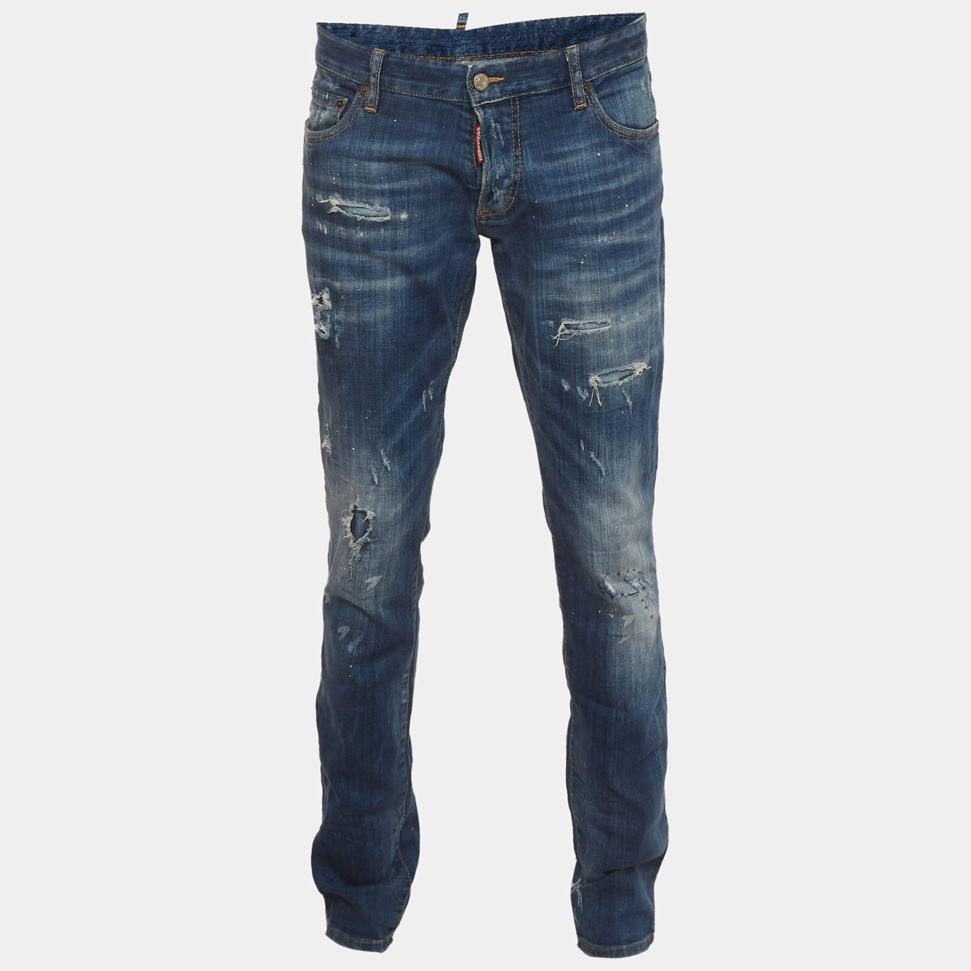 Pre Owned Dsquared2 Blue Paint Splatter Distressed Denim Slim Fit Jeans XL/Waist 38"