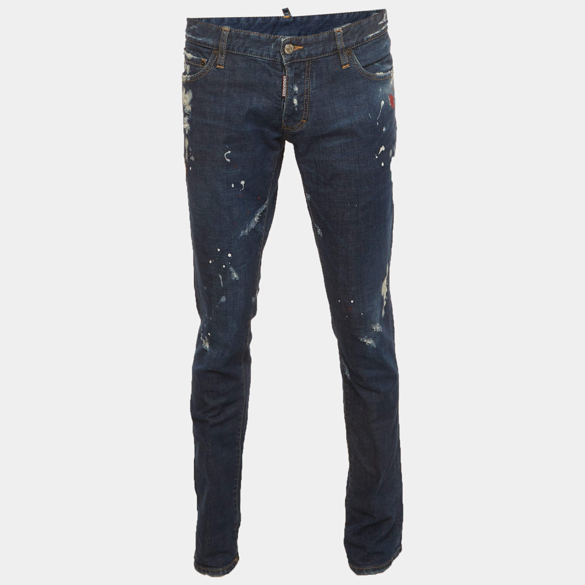 Pre Owned Dsquared2 Blue Paint Splattered Distressed Denim Slim Fit Jeans XL/Waist 37"