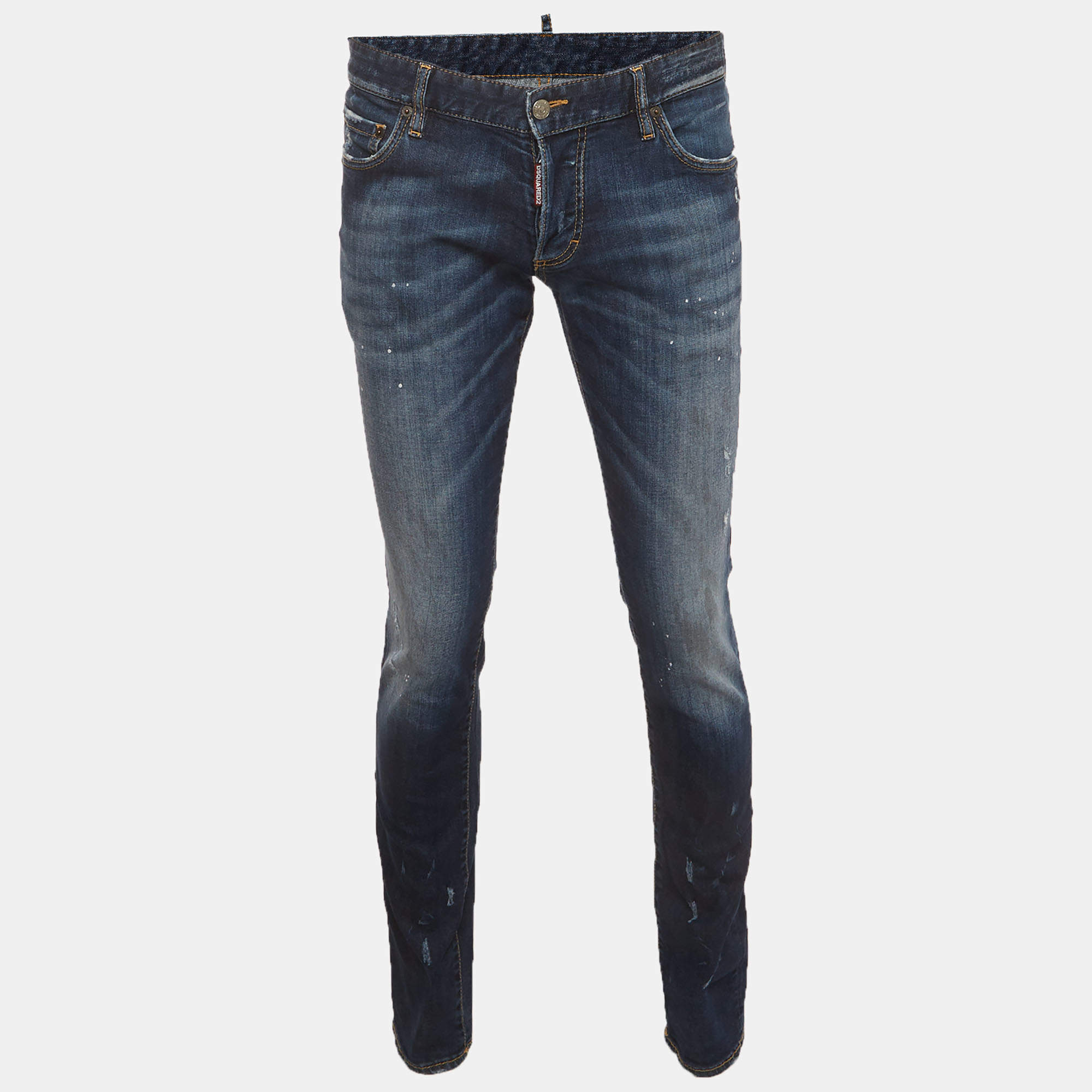 Pre Owned Dsquared2 Blue Paint Splattered Distressed Denim Slim Fit Jeans XL/Waist 36"