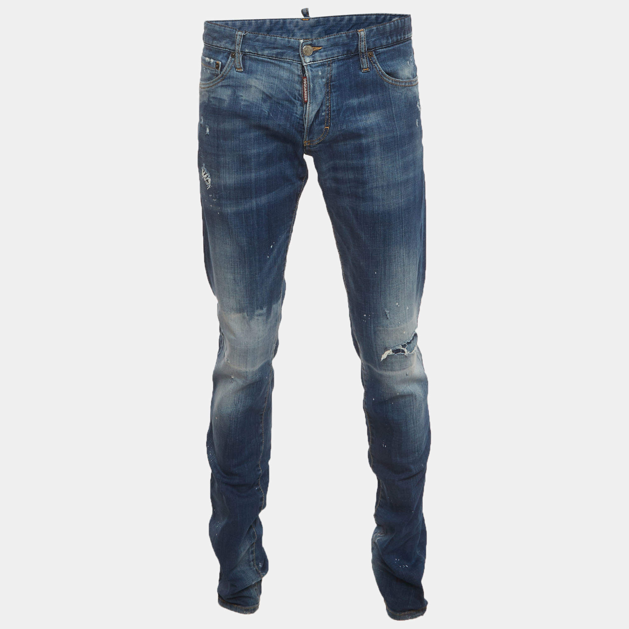 Pre Owned Dsquared2 Blue Paint Splattered Distressed Denim Slim Fit Jeans XL/Waist 38"