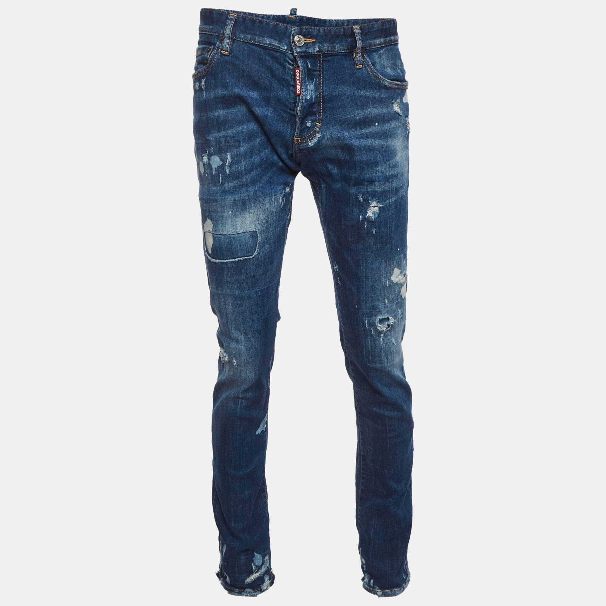 Pre Owned Dsquared2 Blue Paint Splatter Distressed Denim Slim Fit Jeans XL/Waist 38"