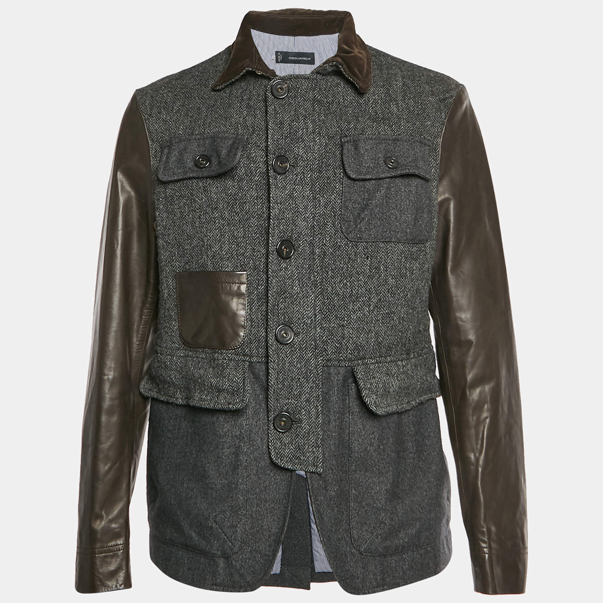 Pre Owned Dsquared2 Grey/Brown Herringbone Wool and Leather Jacket XL