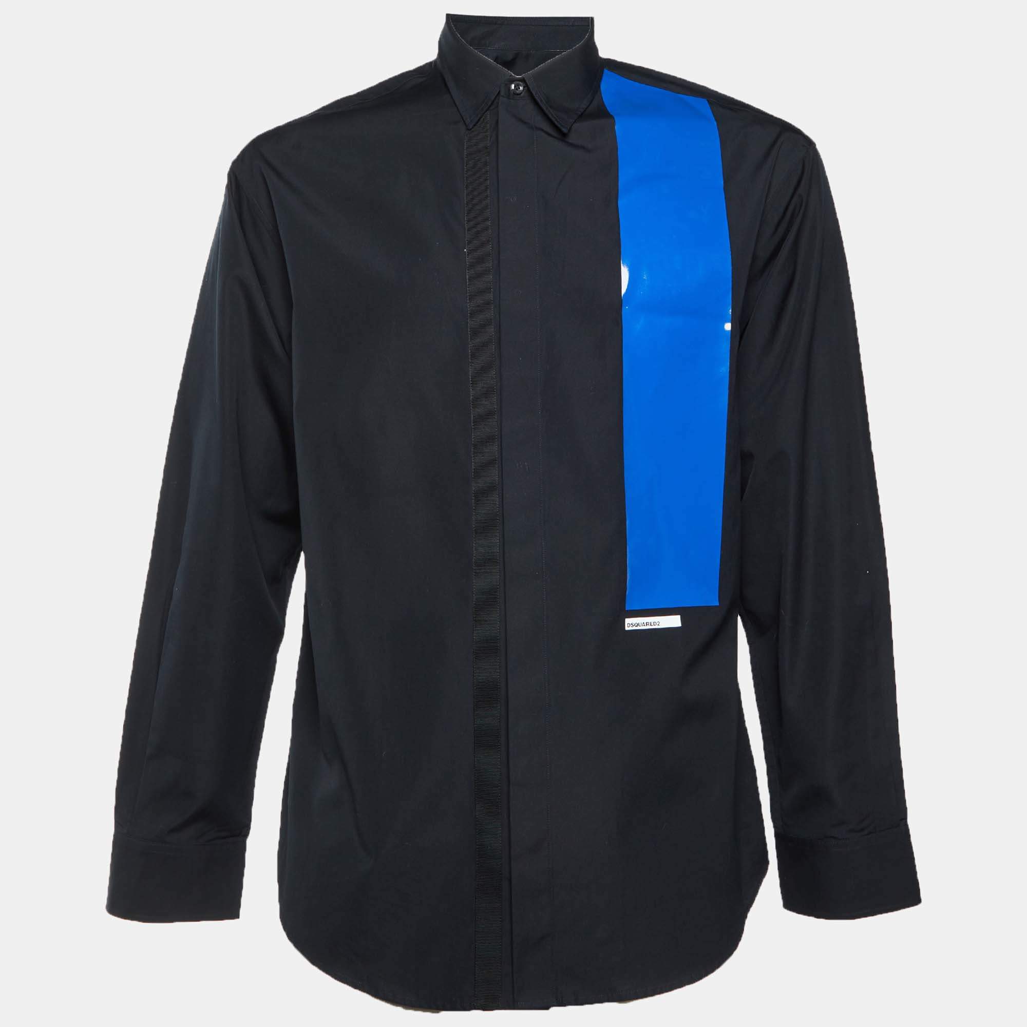 مملوكة مسبقًا Dsquared2 Black Color Block Stripe Detail Cotton Long Sleeve Shirt L