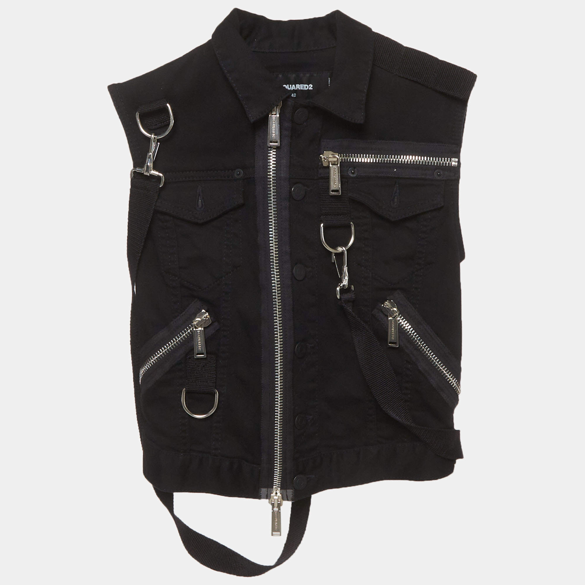 مملوكة مسبقًا Dsquared2 Black Denim Zip Up Sleeves Vest XXS
