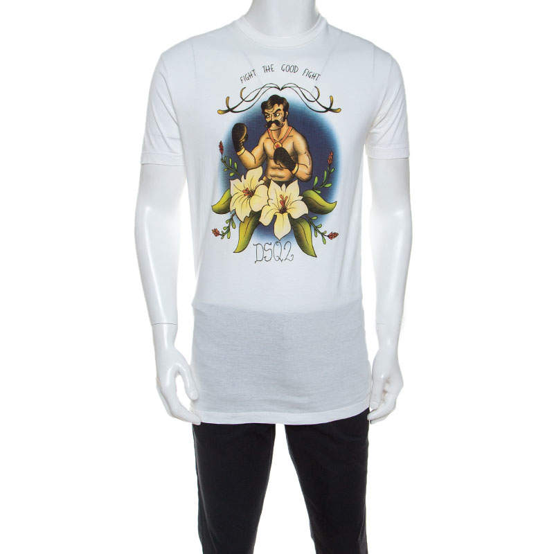 Dsquared2 White Printed Cotton Crew Neck T Shirt M