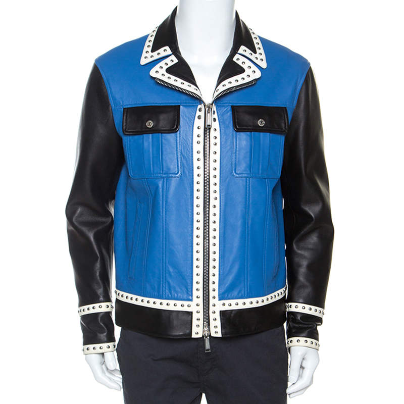Dsquared2 Blue Leather Contrast Detail Studded Zip Front Jacket L