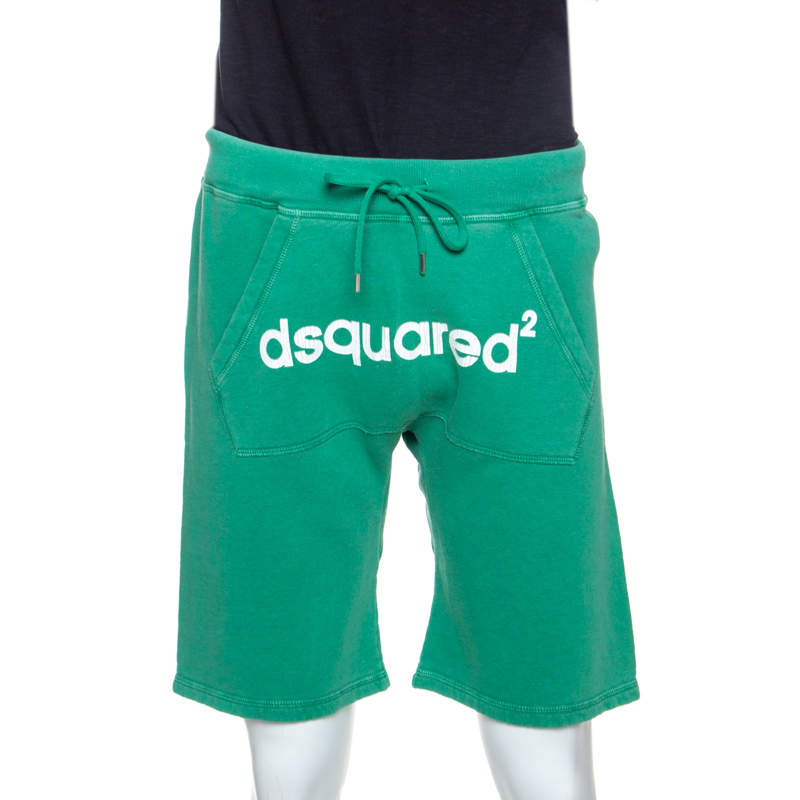 Pre Owned Dsquared2 Green Logo Print Cotton Jersey New Dean Fit Shorts M