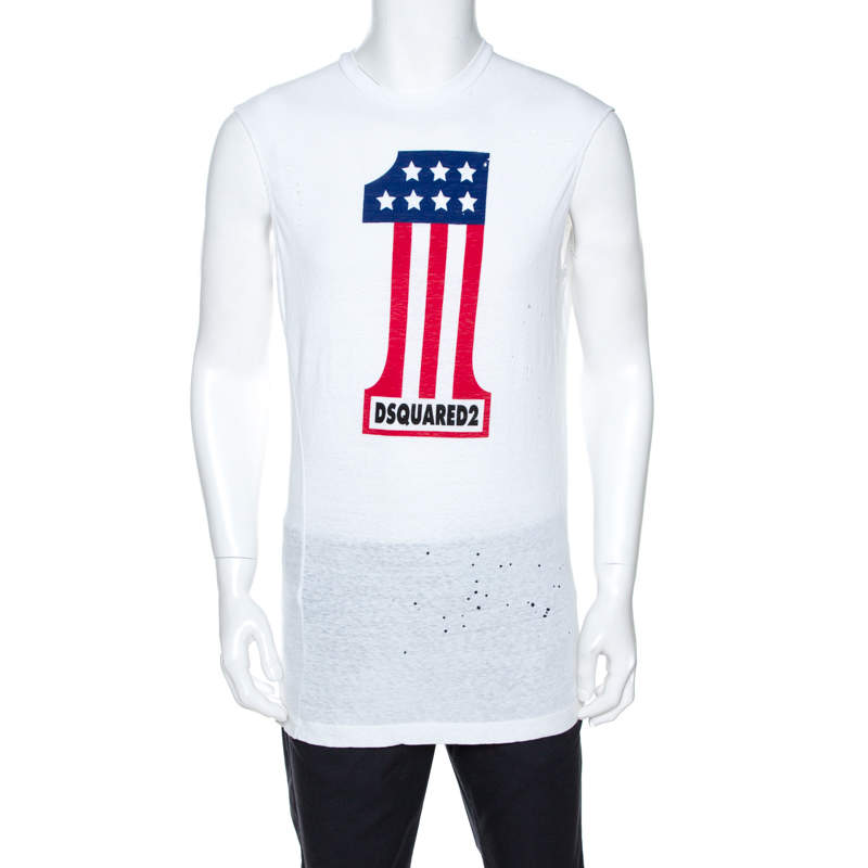 Dsquared2 White Printed Cotton Distressed Long Cool Twisted T-Shirt M