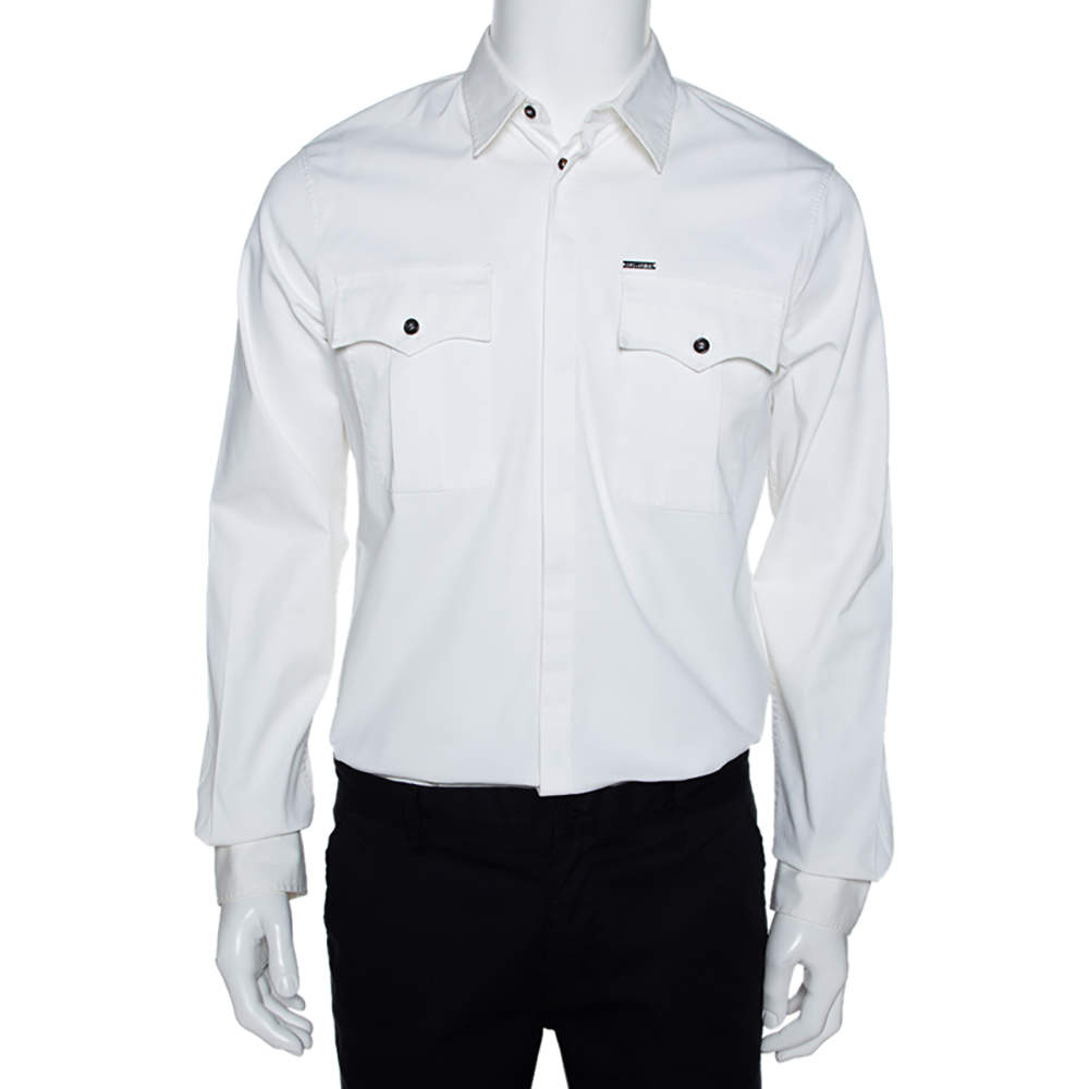 قميص ديسكويرد2 أكمام طويلة تفاصيل جيب قطن ستريتش أبيض L