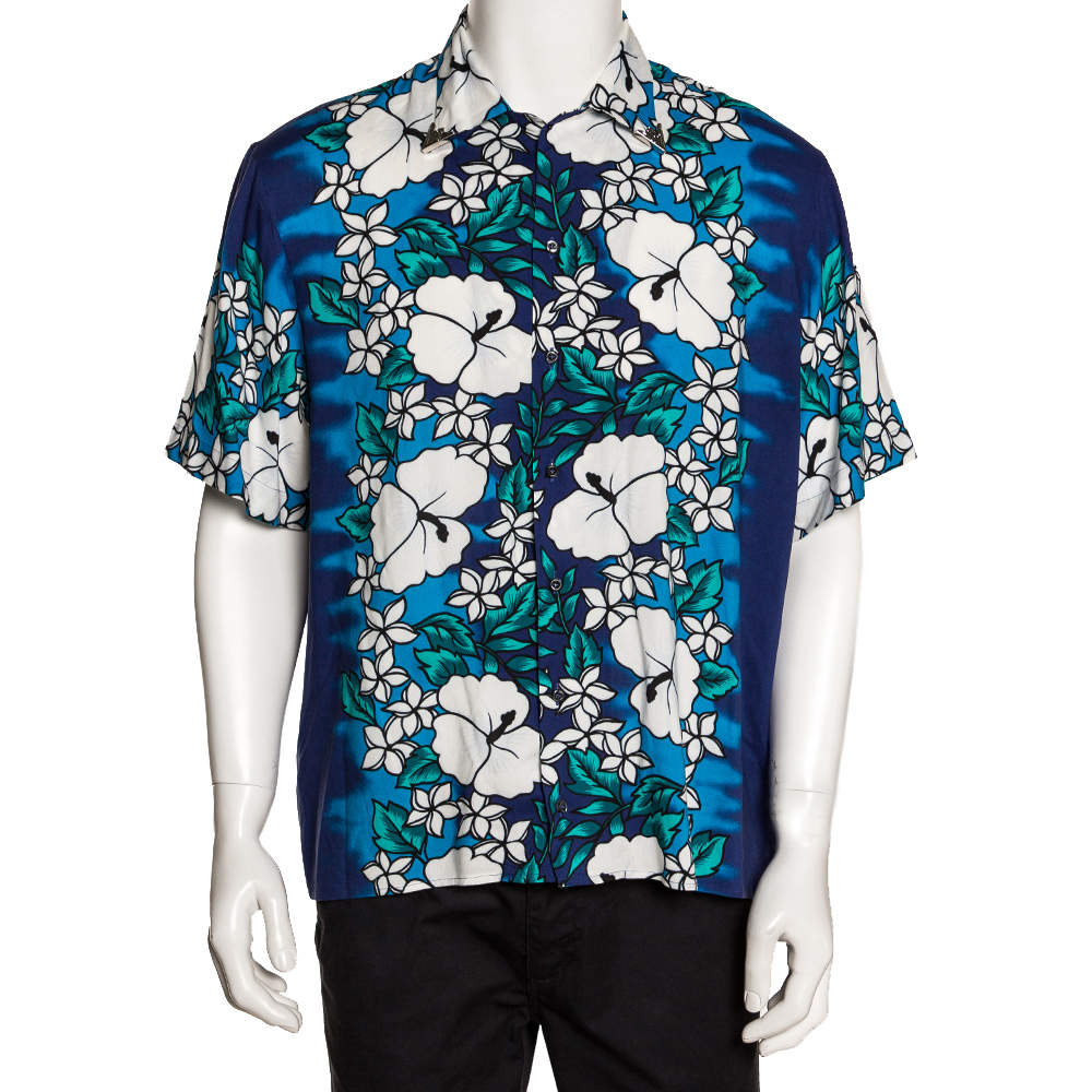 Dsquared2 Blue Poplin Hawaiian Print Metal Collar Detail Shirt L