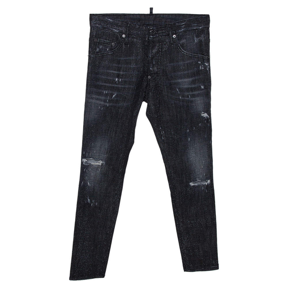 Dsquared2 Charcoal Grey Embellished Distressed Denim Skater Jeans S 