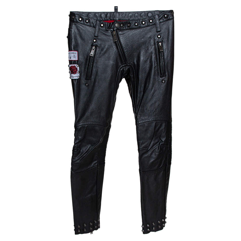 Dsquared2 Black Calf Leather Patch Detail Biker Pants L 
