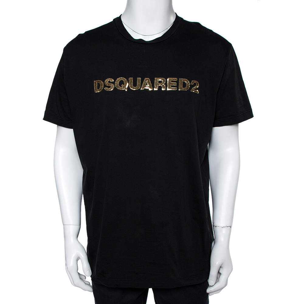 Pre Owned Dsquared2 Black Cotton Logo Sequinned Long Cool Fit T-Shirt XXL