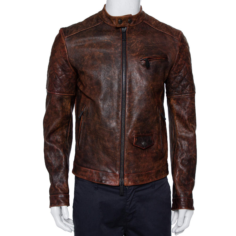Dsquared2 Brown Leather Quilted Detail Zip Front Jacket M