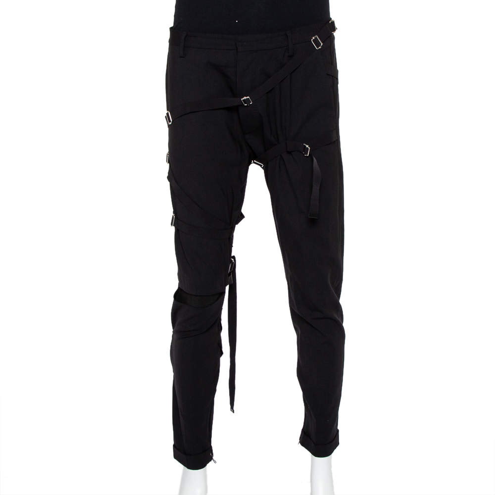 Pre Owned Dsquared2 Black Wool Harness Detail Biker Trousers L