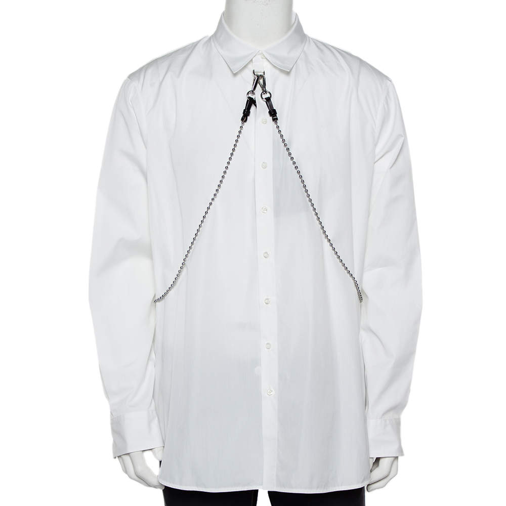 قميص ديسكويرد2 قطن أبيض بسلسلة مزينة بأزرار أمامية مقاس كبير جدًا - إكس لارج