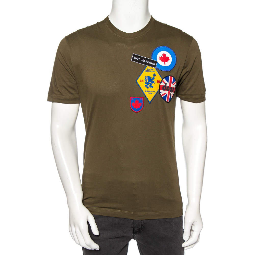 Pre Owned Dsquared2 Olive Green Cotton Patched Round Neck T-Shirt M