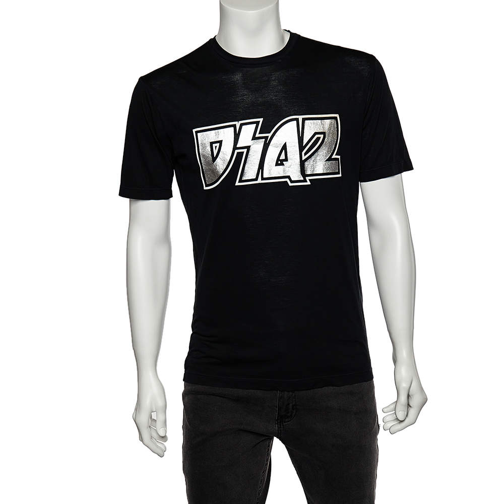 Pre Owned Dsquared2 Black Metallic Logo Printed Cotton Crewneck T-Shirt M