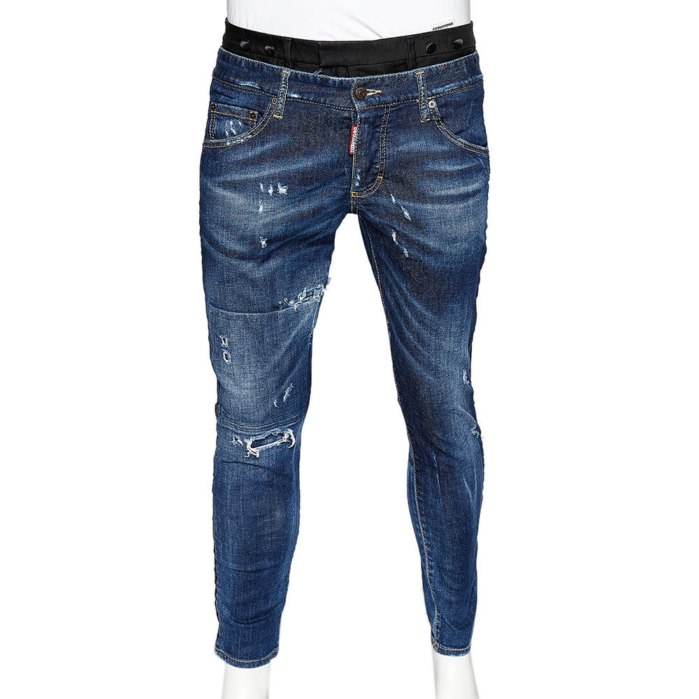 Pre Owned Dsquared2 Navy Blue Denim Double Waist Contrast Trim Distressed Jeans L