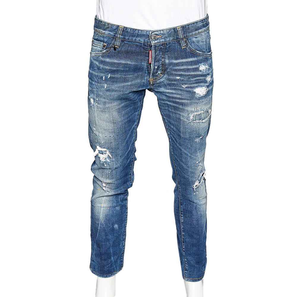 Pre Owned Dsquared2 Navy Blue Denim Patch Detail Distressed Slim Jeans L