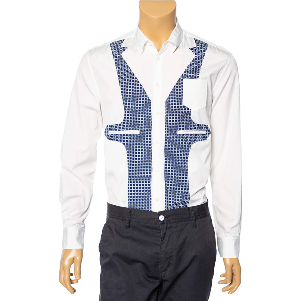Dsquared2 White & Blue Printed Cotton Button Front Shirt M