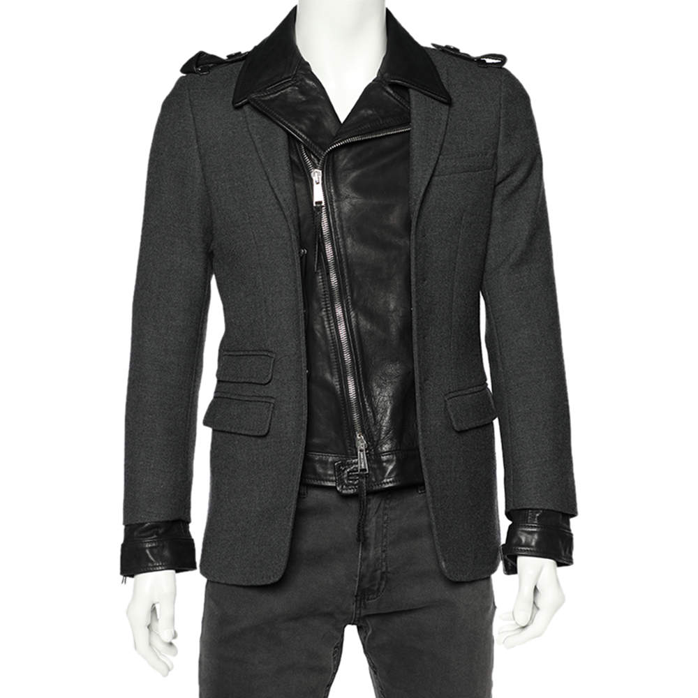 Dsquared2 Grey Wool & Black Leather Trim Biker Jacket S