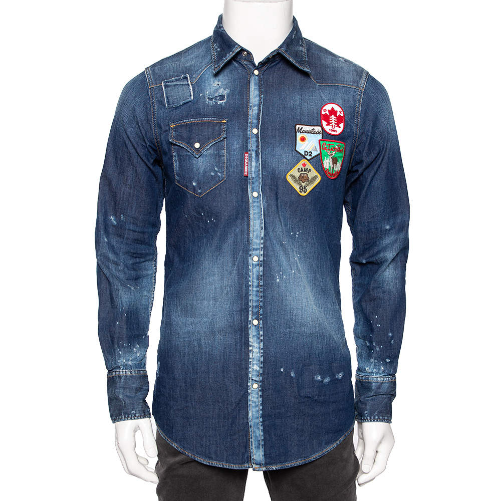 Dsquared2 Blue Distressed Denim Patch Appliqued Button Front Shirt M