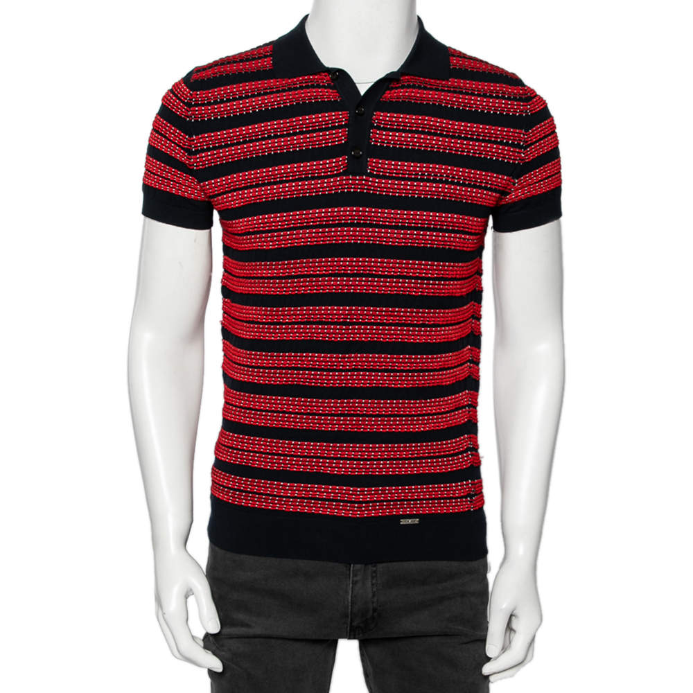 Pre Owned Dsquared2 Bicolor Textured Striped Detail Short Sleeve Polo T-Shirt M