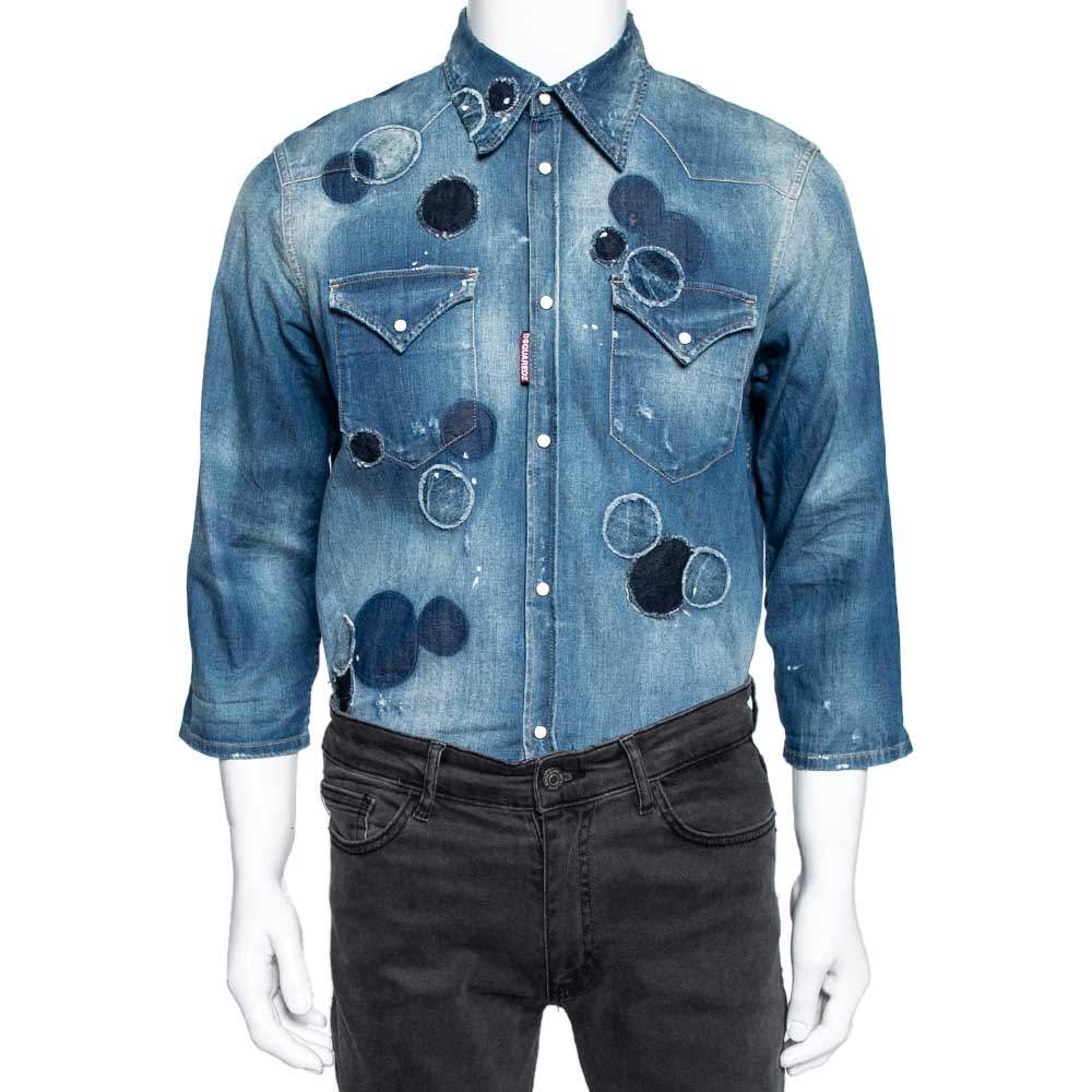 Pre Owned Dsquared2 Blue Distressed Denim Patchwork Detailed Button Front Shirt XXL