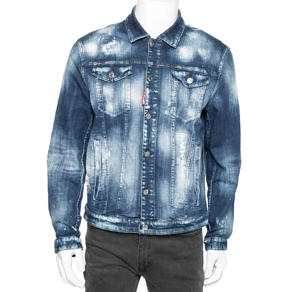Pre Owned Dsquared2 Navy Blue Distressed Denim Paint Spotted Dan Jacket XXL
