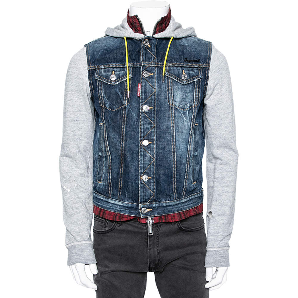 Dsquared2 Distressed Denim & Knit Contrast Lined Hooded Jacket L