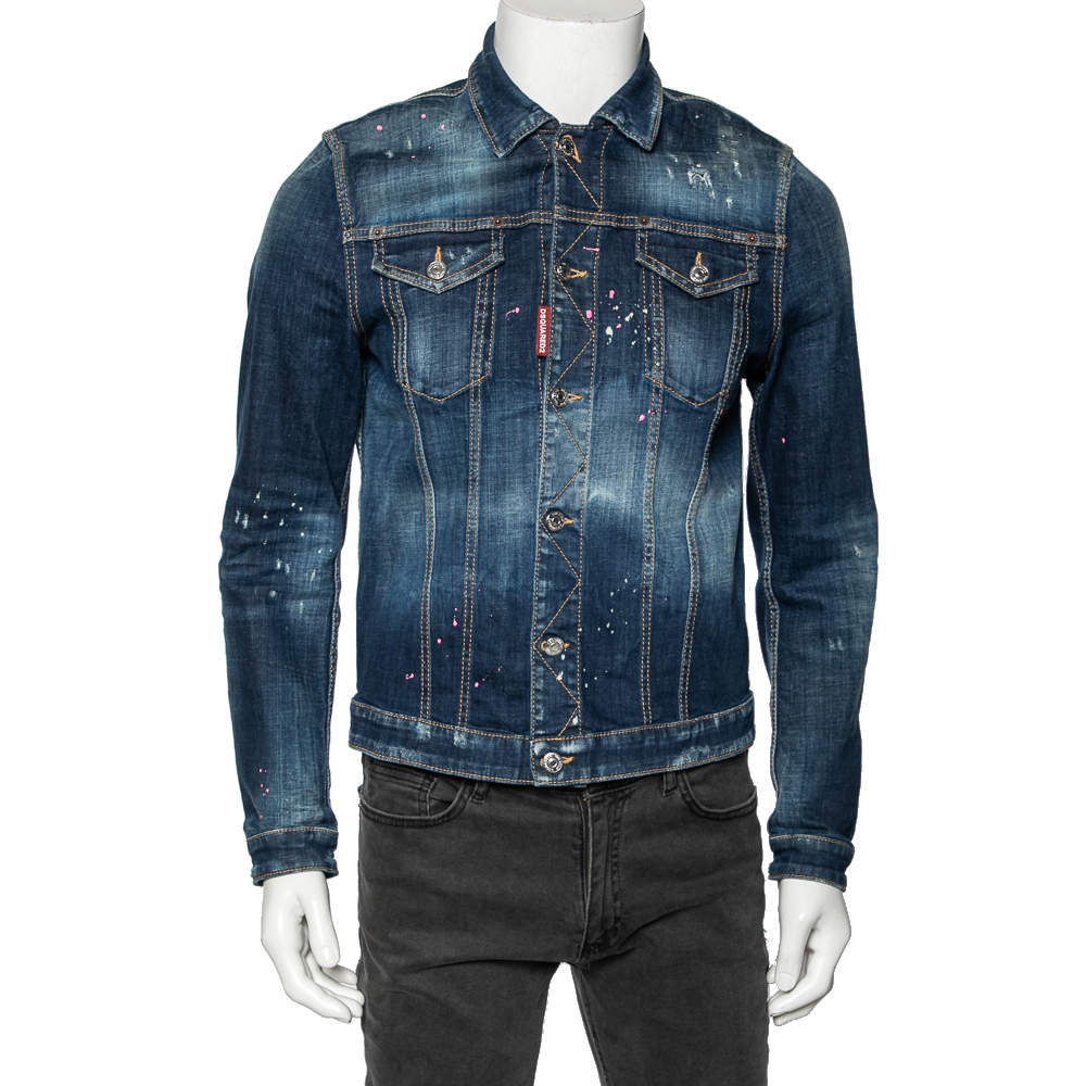 Dsquared2 Blue Printed Distressed Denim Classic Jean Jacket L