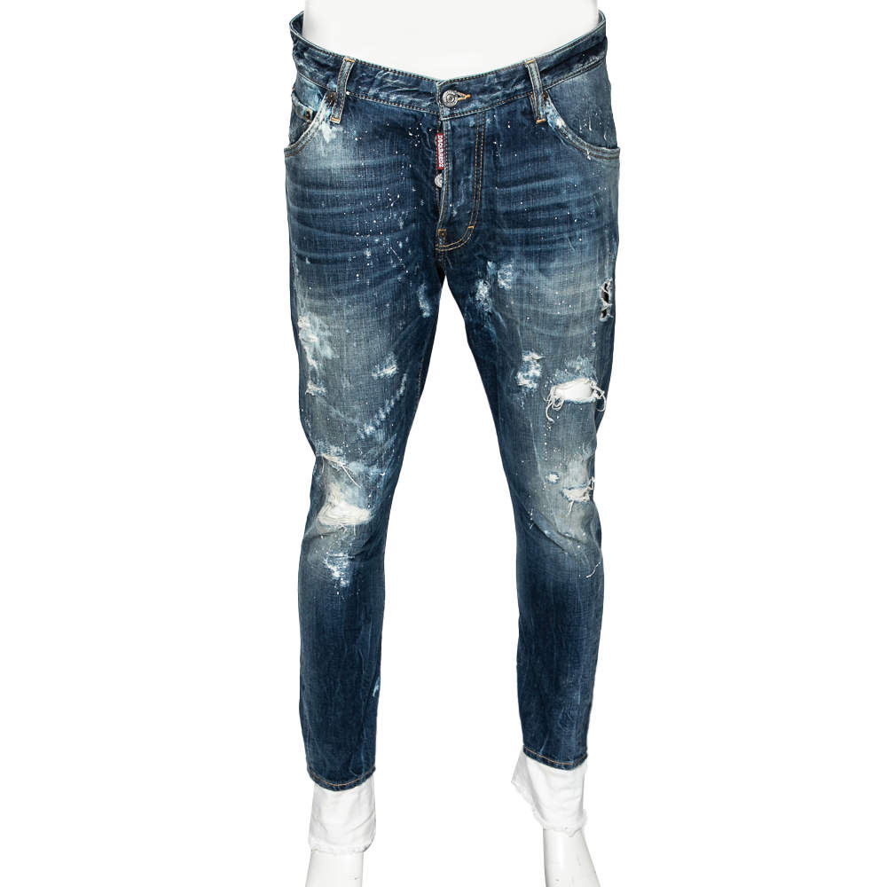 Pre Owned Dsquared2 Blue Denim Ripped Painted Distressed Jeans M
