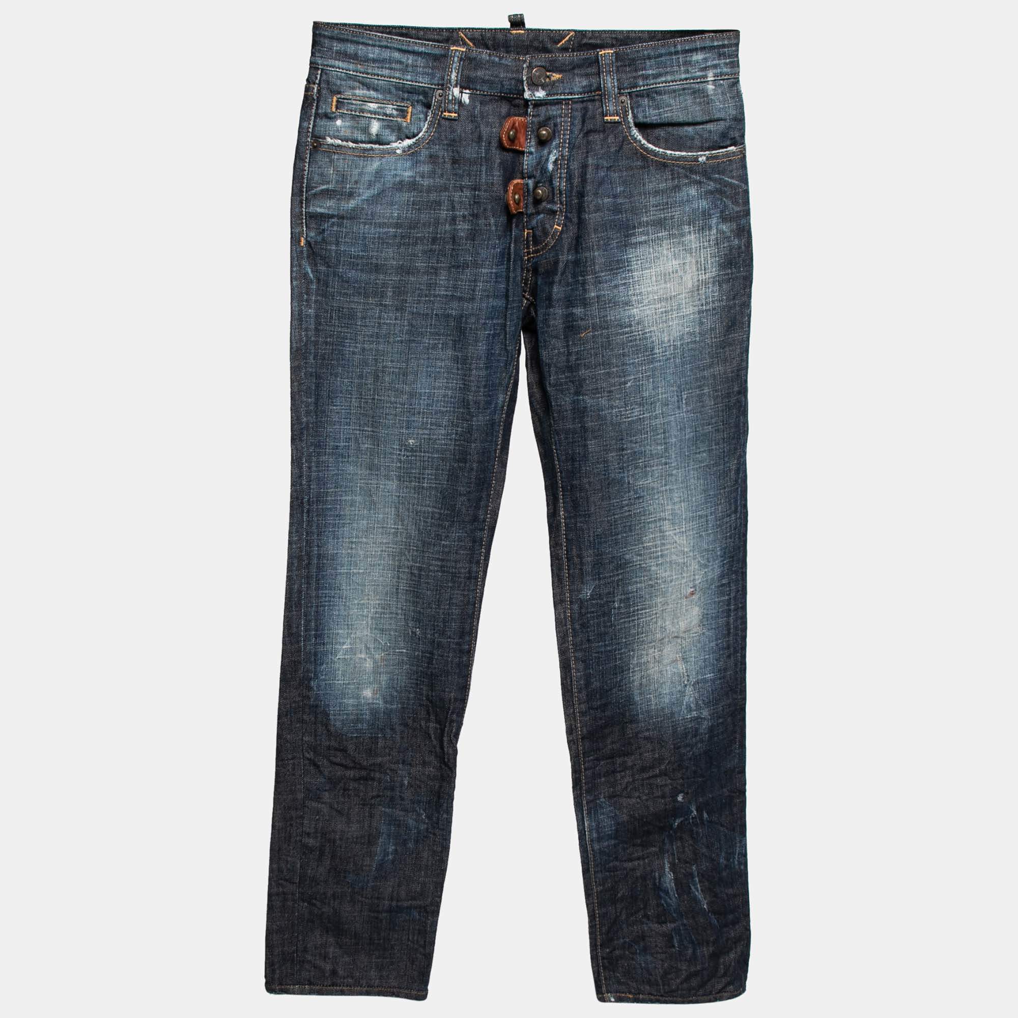 Pre Owned Dsquared2 Navy Blue Cotton Distressed Jeans S