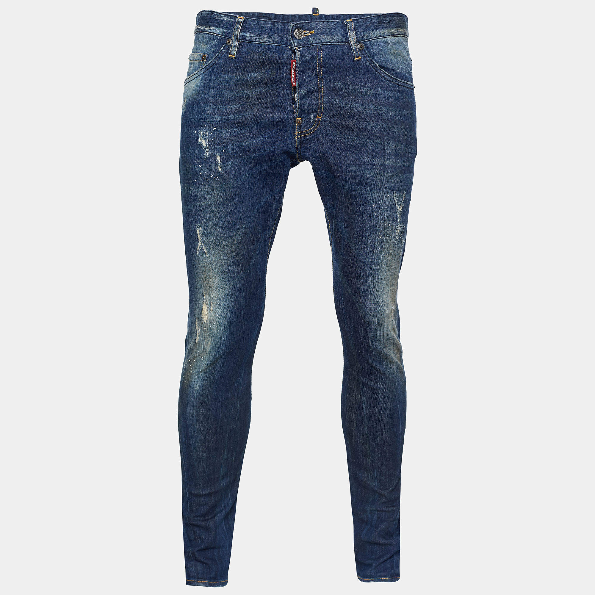 Pre Owned Dsquared2 Indigo Distressed Denim Paint Splatter Twist Jeans Waist L