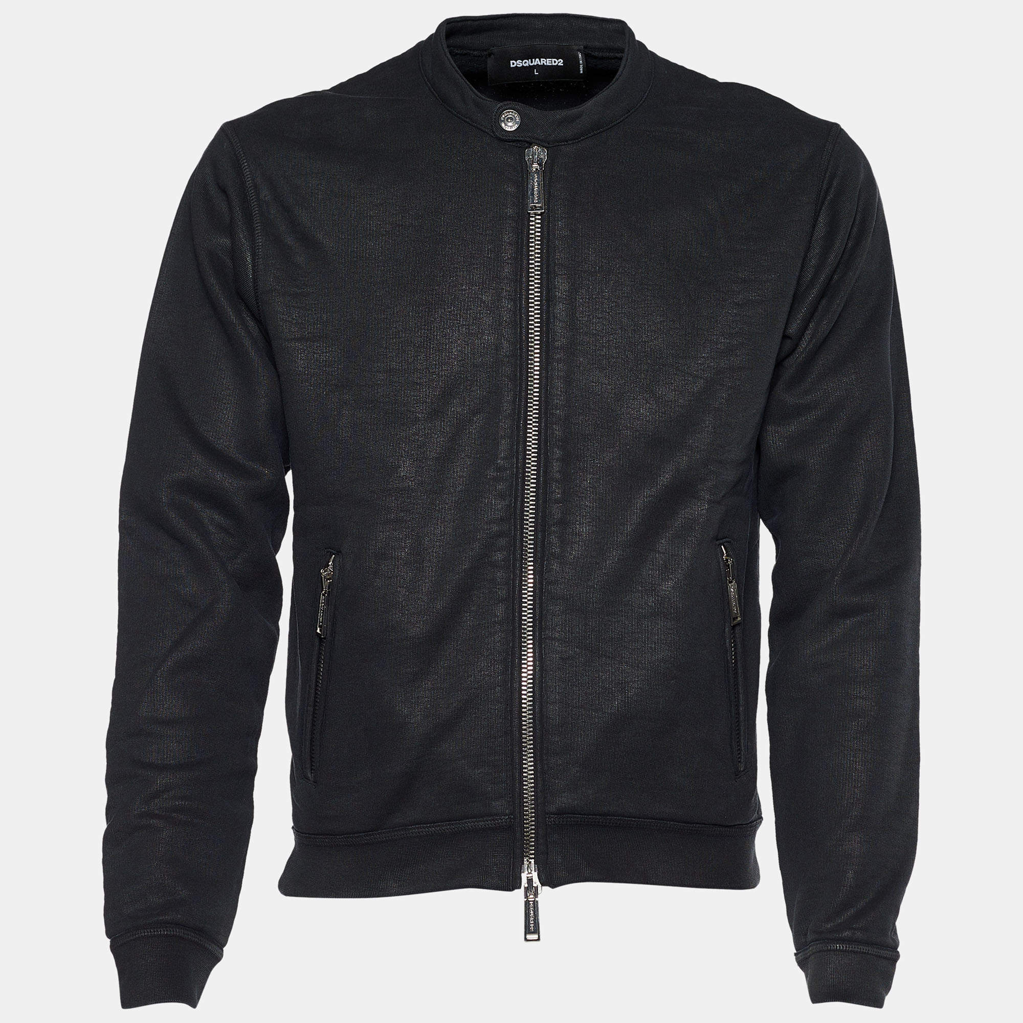 Dsquared2 Black Cotton Knit Foil Print Zip Front Bomber Jacket L