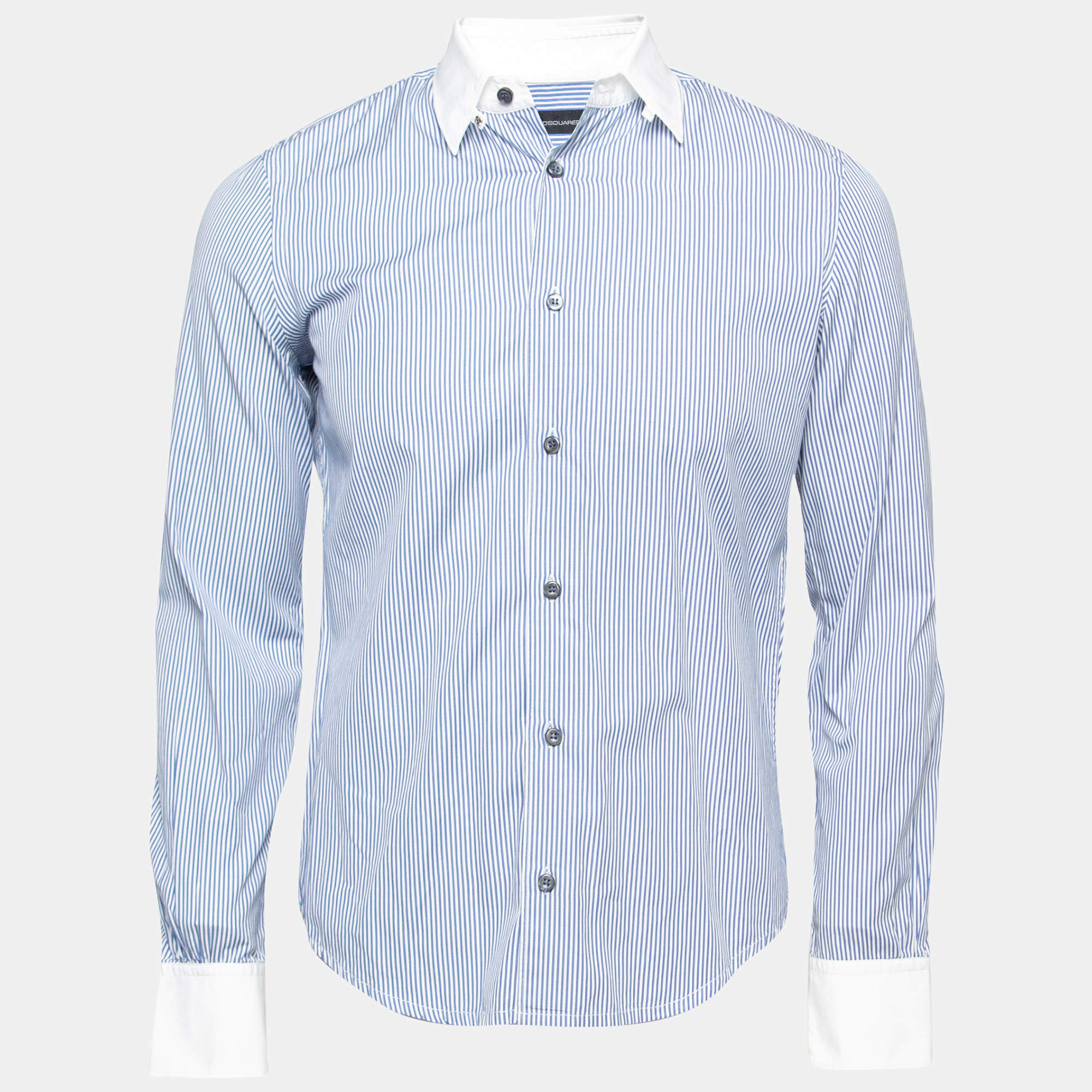 Dsquared2 Blue Striped Cotton Contrast Collar & Cuff Button Front Shirt S