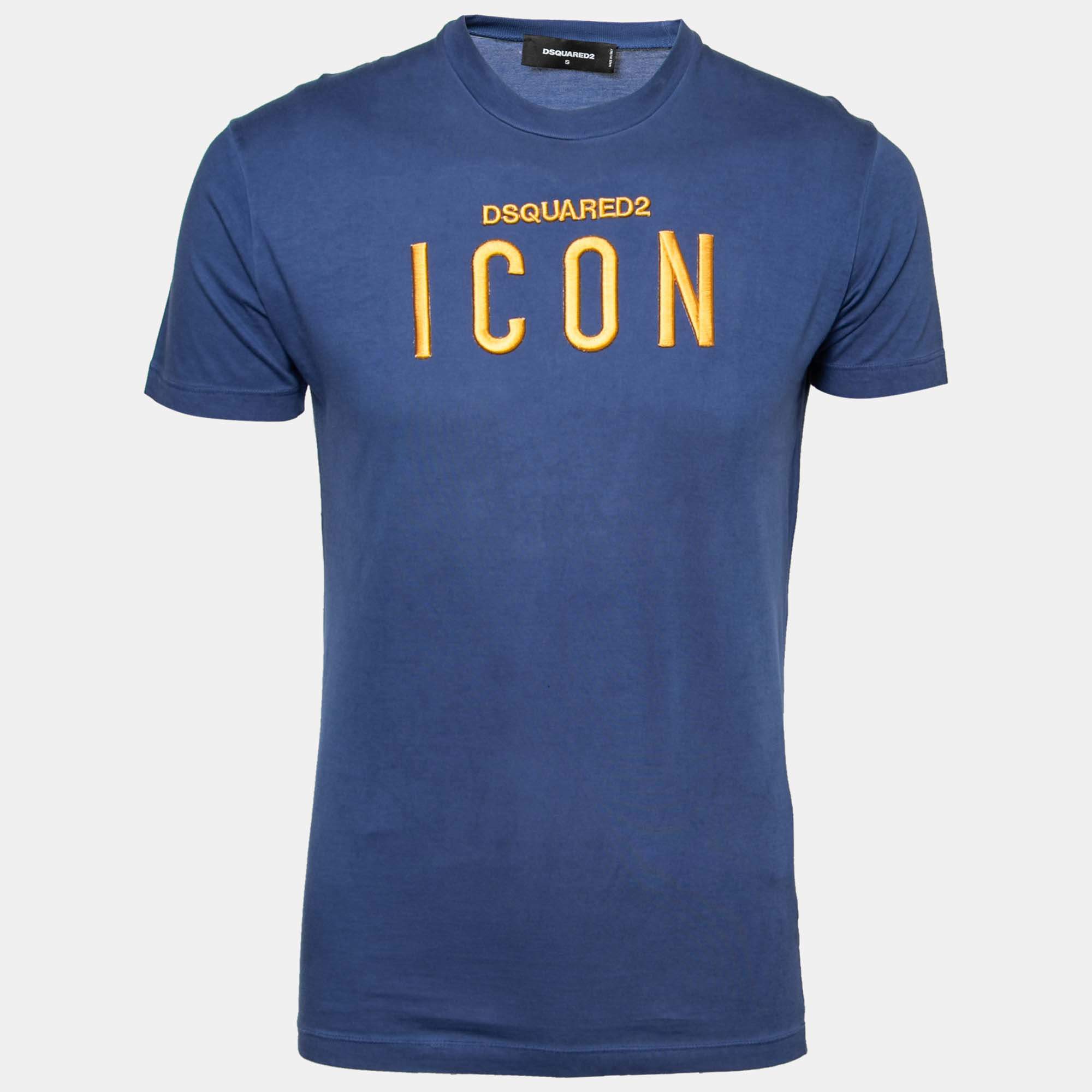 Pre Owned Dsquared2 Blue Cotton Logo Icon Embroidered T-Shirt S