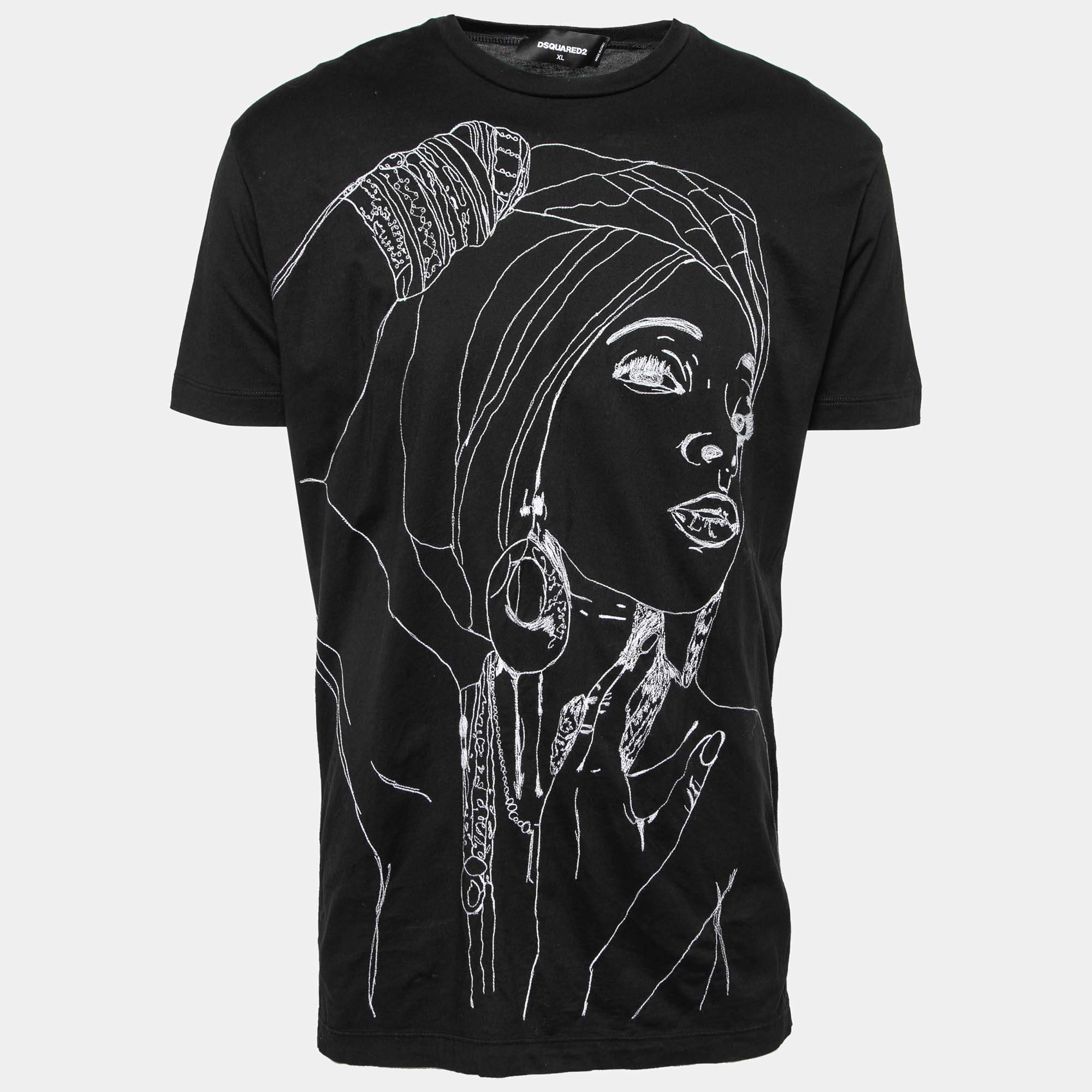 Pre Owned Dsquared2 Black Embroidered Cotton Short Sleeve T-Shirt XL