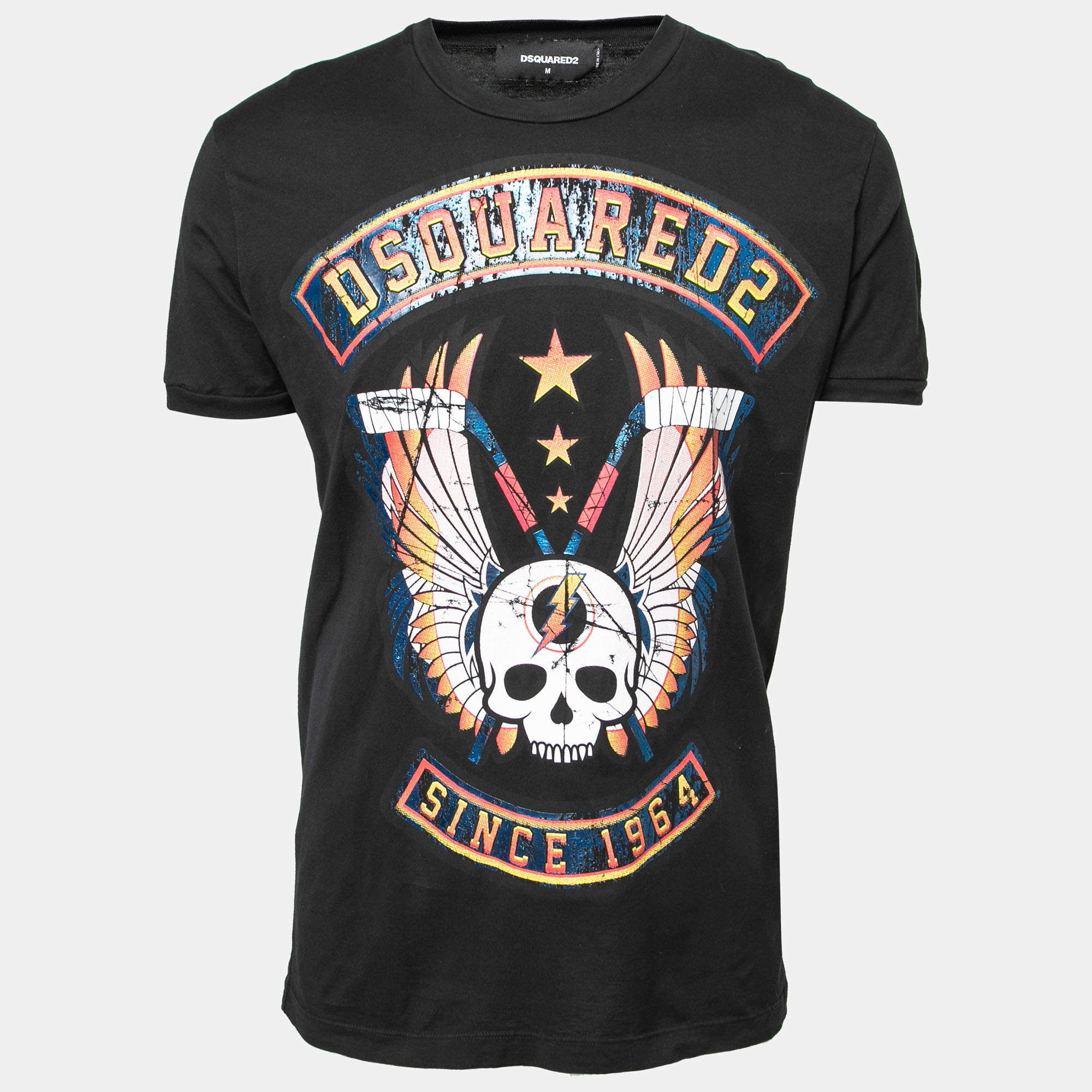 Pre Owned Dsquared2 Black Printed Cotton Short Sleeve T-Shirt M