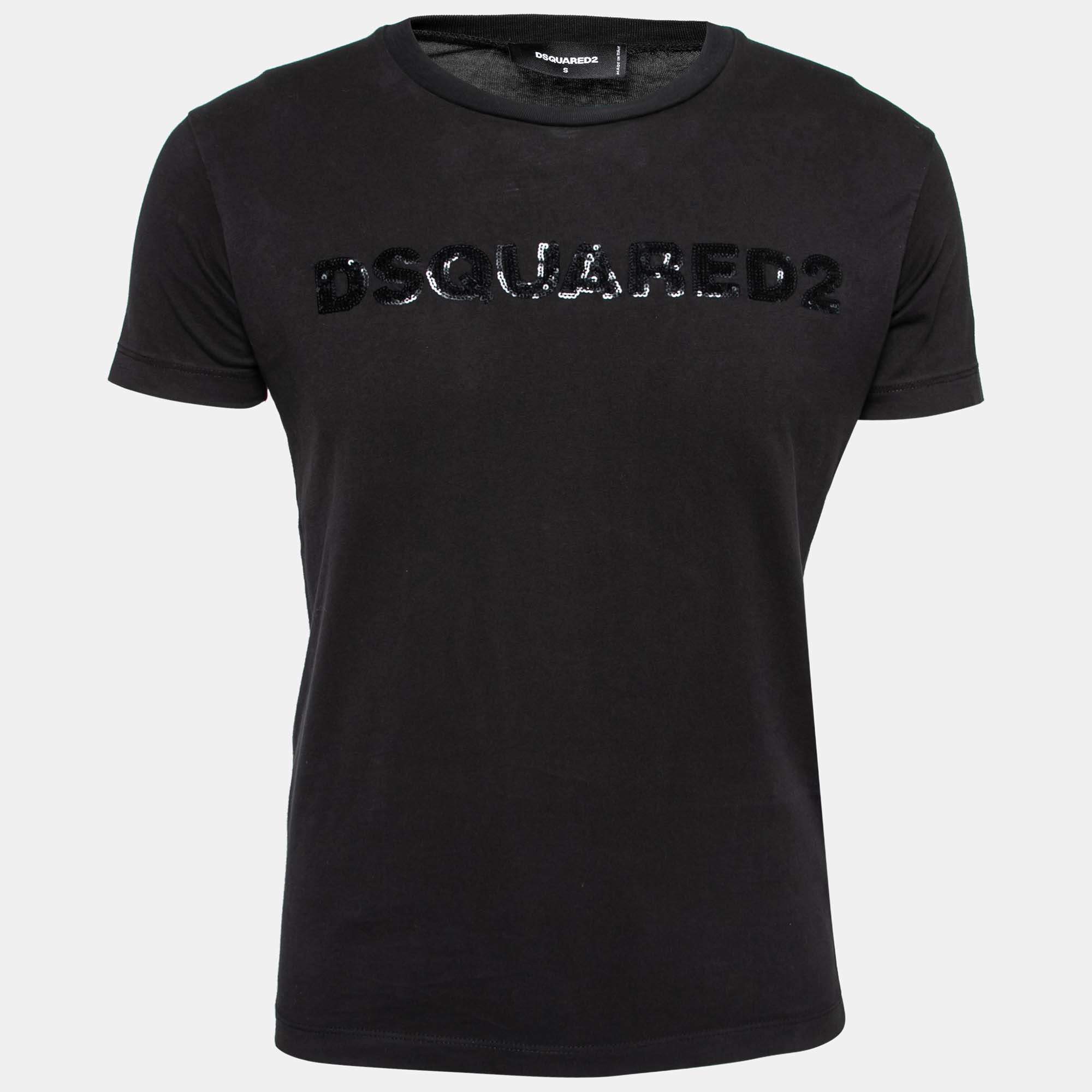 Dsquared2 Black Stretch Cotton Logo Embellished Short Sleeve T-Shirt S