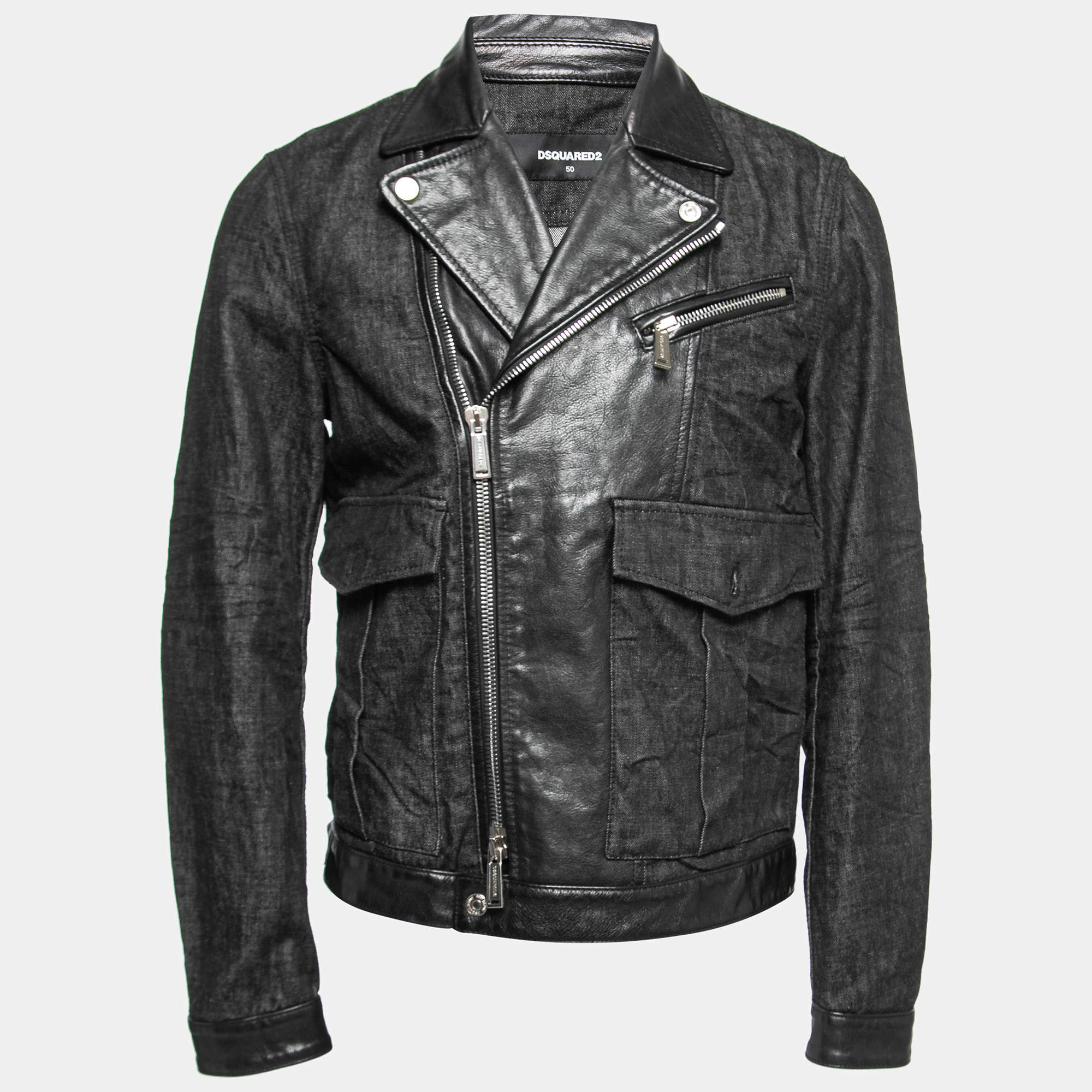 Pre Owned Dsquared2 Black Denim & Leather Biker Jacket L